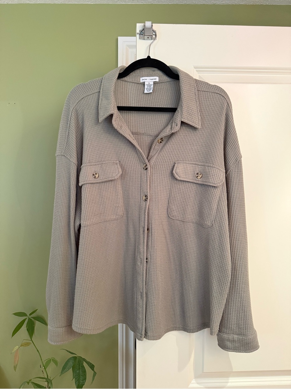 Better / Together Sage Green Waffle Knit Button-Up Shacket XL